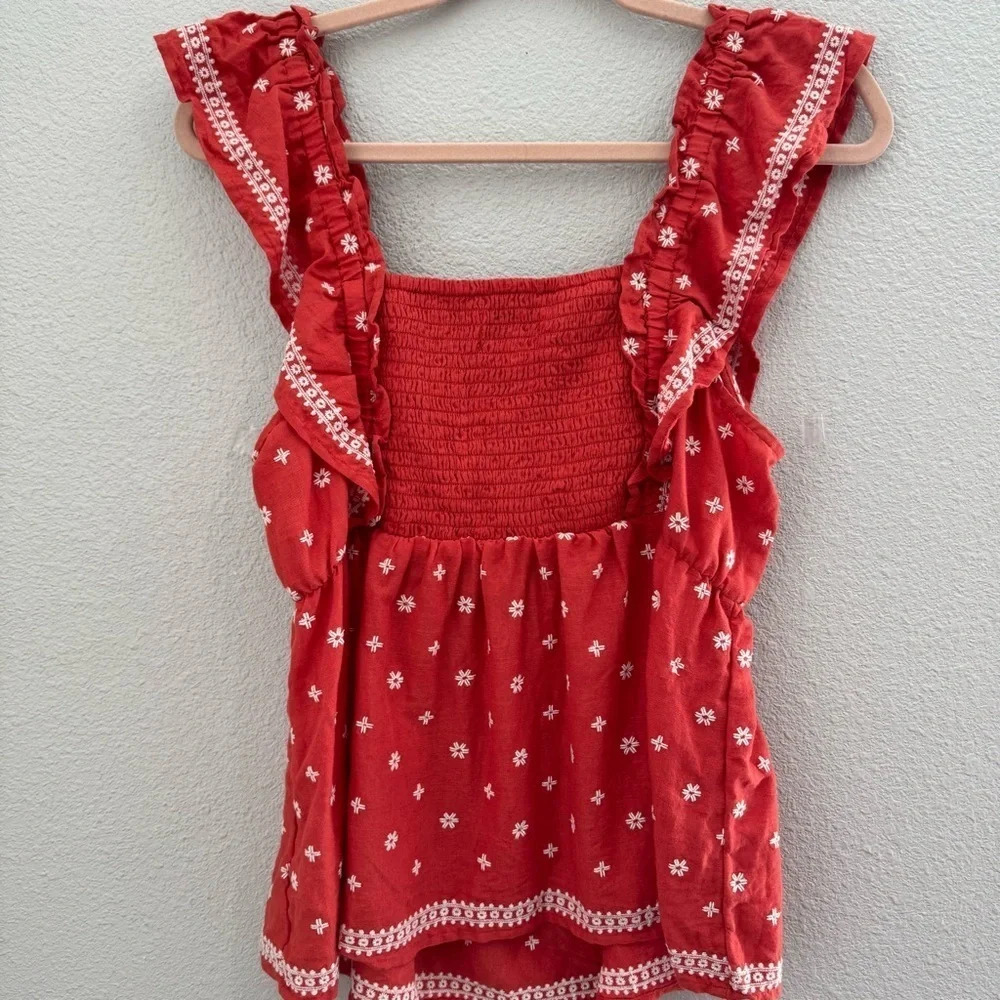 Embroidered-Print Ruffle‎ Babydoll Top Size Medium - Picture 9 of 10